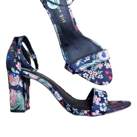 Floral Y2K embroidered navy open toe sandal heels shoes size 8.5 - Picture 2 of 13